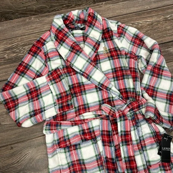 Ralph Lauren Women's Plush Soft Plaid Shawl-Collar Robe Cream Red MEDIUM NEW